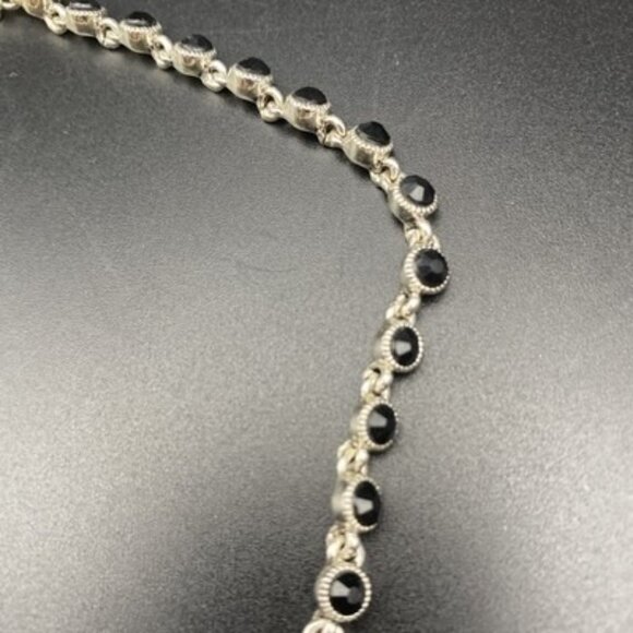 Faux Pearl Festoon Necklace Black Rhinestone Bib Silver Tone 16+2" Art Deco - Picture 4 of 8